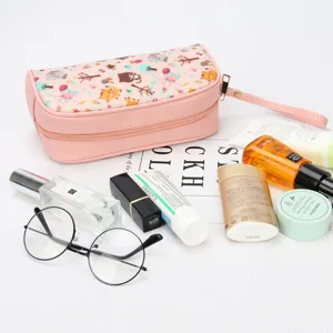 Grande borsa da trucco rosa con stampa cartoon e cerniera per organizzazione viaggio