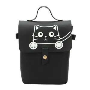 Borsa a tracolla carina in pelle PU nera con stampa gatto bianco e manico superiore