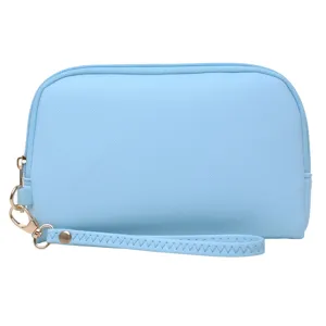 Bolsa de cosméticos impermeable de cuero PU azul claro y monedero portátil con asa