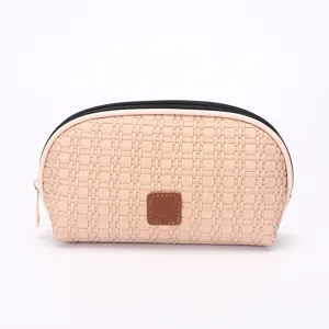 Grande borsa da trucco intrecciata con trama minimalista rosa-beige