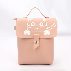 Piccola borsa a mano rosa in pelle PU con stampa di gatto bianco a fumetti per donna