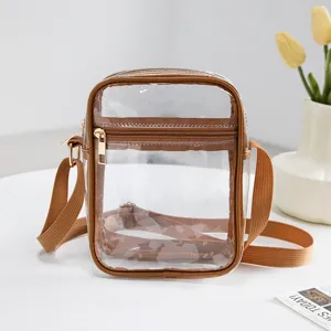 Transparent waterproof PVC crossbody bag with stylish brown trim for travel and storage
