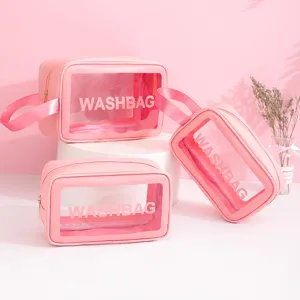 Set di tre borse da toilette rosa trasparenti e impermeabili con zip e manico