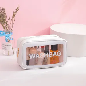 Grote transparante reis make-up tas met witte rits en WASHBAG opdruk