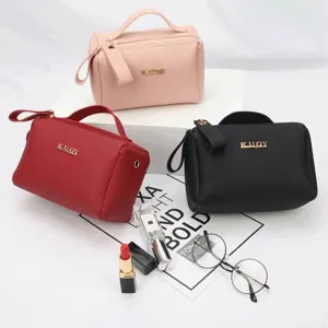 Women's PU Leather Pebble Texture Toiletry Bag Waterproof Handheld Makeup Storage Case Portable Wash Bag With Zipper Handle