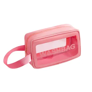 Borsa per cosmetici rosa di grande capacità con finestra trasparente e comoda maniglia