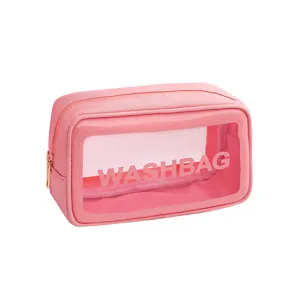 Draagbare roze transparante reistoilettas voor make-up met rits en bedrukt WASHBAG-logo