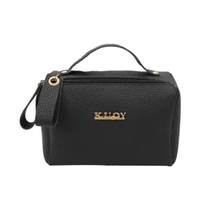 Black pebbled leather portable cosmetic bag with top handle and gold logo