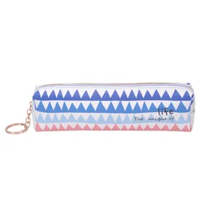 Minimalist PU pencil case featuring colorful geometric triangle patterns and a metal keychain.
