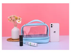 Neceser de maquillaje impermeable de doble capa azul con sección superior transparente