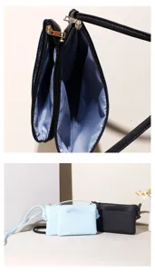 Detail showing double zipper compartments and texture of small PU leather crossbody bags.