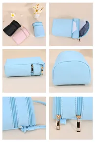 Detailed views of light blue PU leather crossbody phone bag showing zippers and strap.