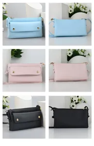 Front and back views of women's small square crossbody bags in blue, pink, and black.