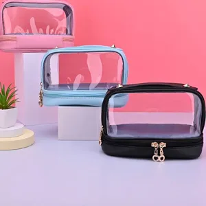 Bolsa de Maquillaje Impermeable en Capas de Cuero PU y PVC Transparente Estuche de Aseo de Viaje Gran Capacidad Organizador Cosmético