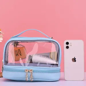 Bolsa de maquillaje impermeable de doble capa azul claro con parte superior transparente