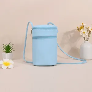 Women Lightweight PU Leather Cylindrical Crossbody Bag Solid Color Small Phone Bag Dual Zipper Mini Shoulder Bag For Daily Summer