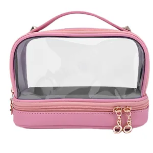 Neceser impermeable de doble capa en cuero PU rosa y PVC transparente con asa superior