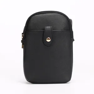 Compact black Saffiano leather crossbody phone bag with gold button closure