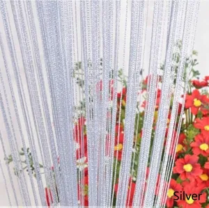 Close-up detail of silver metallic string curtain showing fine vertical threads