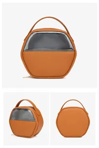 Viste multi-angolo della borsa da trucco in pelle PU marrone con finestra trasparente