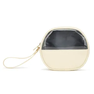 Pochette per trucco rotonda in PU bianco crema con finestra trasparente, cerniera e cinturino
