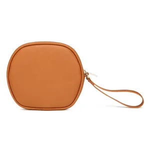 Beauty case rotondo professionale in pelle PU marrone con cinturino da polso viaggio