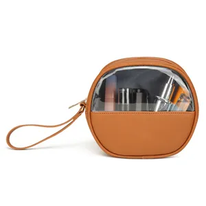 Borsa trucco tonda in pelle PU marrone con finestra trasparente per viaggi e articoli da toeletta