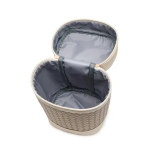 Beauty case da viaggio portatile capiente con elegante trama intrecciata e fodera blu