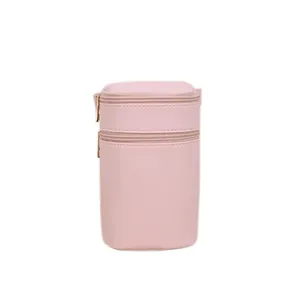 Elegant small light pink PU leather cylindrical crossbody phone bag with double zippers