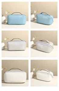 Neceser de maquillaje portátil de cuero PU de gran capacidad en azul, plata y blanco