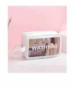 Spacious white waterproof cosmetic wash bag with transparent window showing makeup items inside