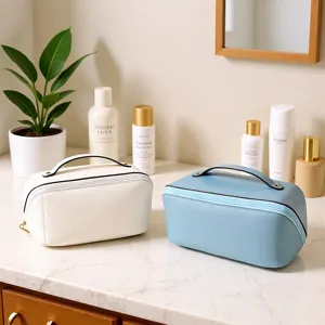Bolsa de Maquillaje de Cuero PU Portátil de Gran Capacidad Impermeable Neceser de Viaje Urbano Minimalista Organizador con Cremallera