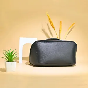 Neceser de maquillaje profesional de cuero PU negro con asa para viajes de gran capacidad