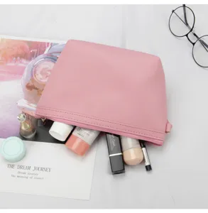 Draagbare roze PU lederen cosmetische tas voor reizen, effen kleur make-up opbergtas etui.