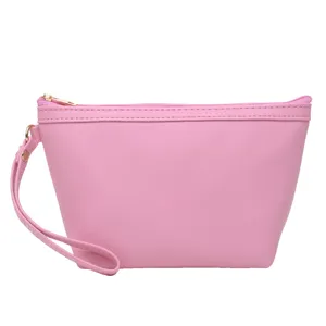 Draagbare PU Leren Cosmetische Tas Minimalistische Effen Kleur Make-up Pouch Met Rits Polsbandje Waterdichte Reizen Opbergtas Vrouwen