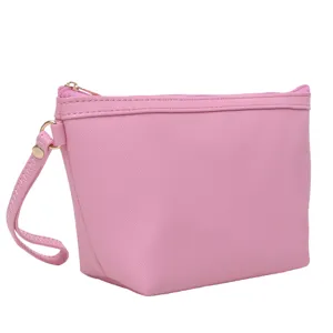 Roze PU lederen cosmetische tas met polsband, draagbare make-up etui voor dagelijks gebruik.