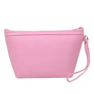 Roze PU lederen cosmetische tas polsbandje en ritssluiting voor dagelijkse make-up.
