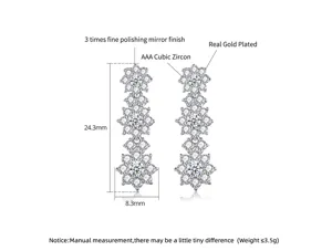 Silver flower drop earrings with AAA cubic zircon and detailed product measurements