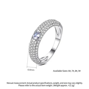 Elegant silver-tone micro-pave CZ ring with oval blue stone, 4.4mm width minimalist style