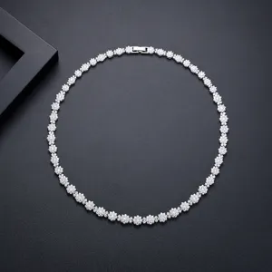 Elegant silver-toned flower necklace featuring cubic zirconia, perfect for wedding brides