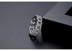 Anillo de cadena cubana plateado para hombre y mujer con circonitas brillantes