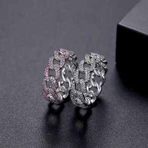 Anillos de cadena cubana de moda con micro-cristales rosas y blancos para ambos sexos