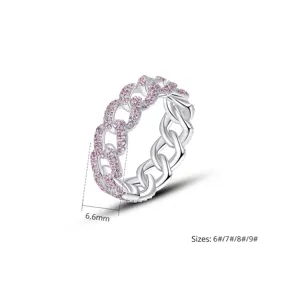 Anillo de cadena cubana de plata con piedras rosas y detalle de ancho de 6,6 mm