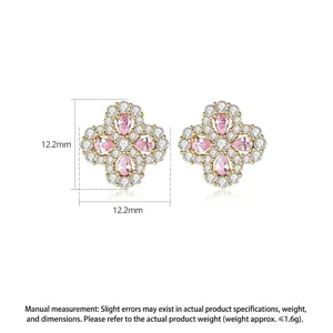 Elegant pink zirconia flower stud earrings with 12.2mm size and gold-plated floral design