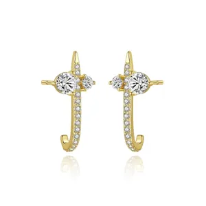 Minimalist Gold Plated Copper Zirconia Stud Earrings For Women Korean Style J Shaped Geometric Jewelry ins Elegant Zirconia Earrings