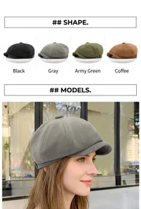 Vintage suede newsboy hat collection featuring black, grey, army green, and coffee colors