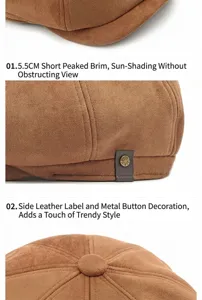Detailed view of brown suede newsboy cap featuring a 5.5cm brim and side button