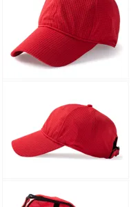 Vistas detalladas de gorra de béisbol de malla roja transpirable con correa de ajuste trasera
