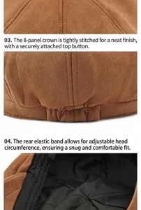 Detailed views of suede newsboy hat stitching and adjustable elastic band