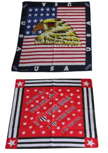 Vista detallada de dos pañuelos cuadrados con diseños de bandera americana y águila